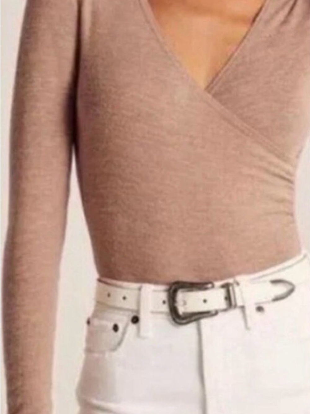 A&F Tan Soft Cozy Wrap-Style Long Sleeve Bodysuit Small